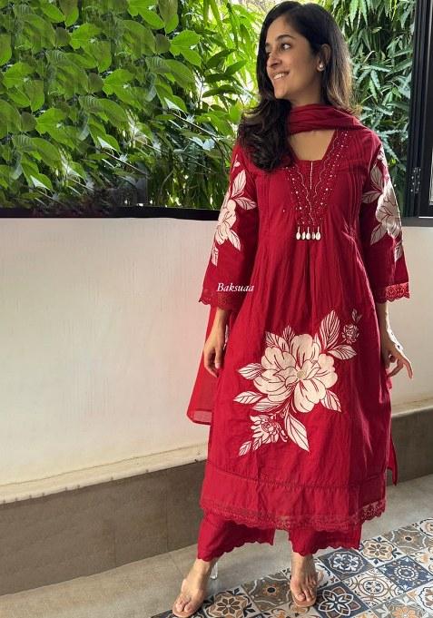 Maroon Embroidery Cotton Kurta Set