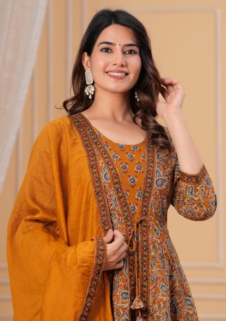Dark Yellow Printed Cotton Kurta Set - Indya