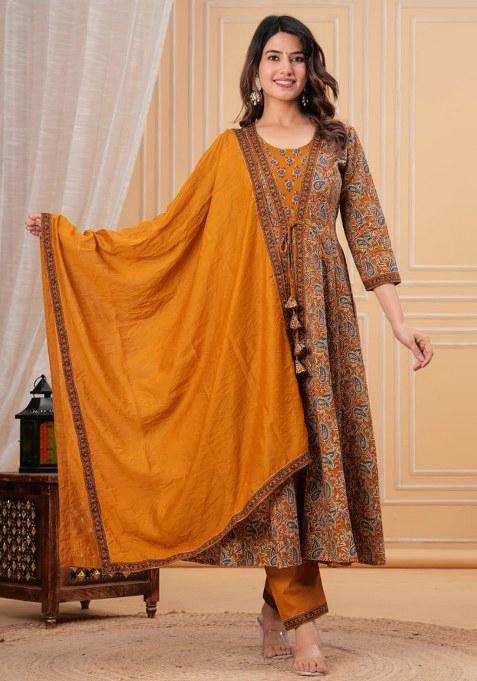 Dark Yellow Printed Cotton Kurta Set