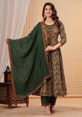 Green Printed Cotton Kurta Set