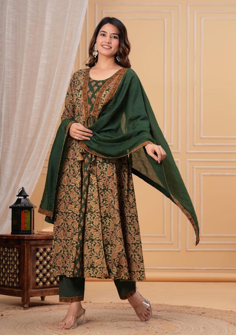 Green Printed Cotton Kurta Set - Indya