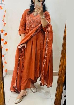 Orange Embroidery Cotton Kurta Set