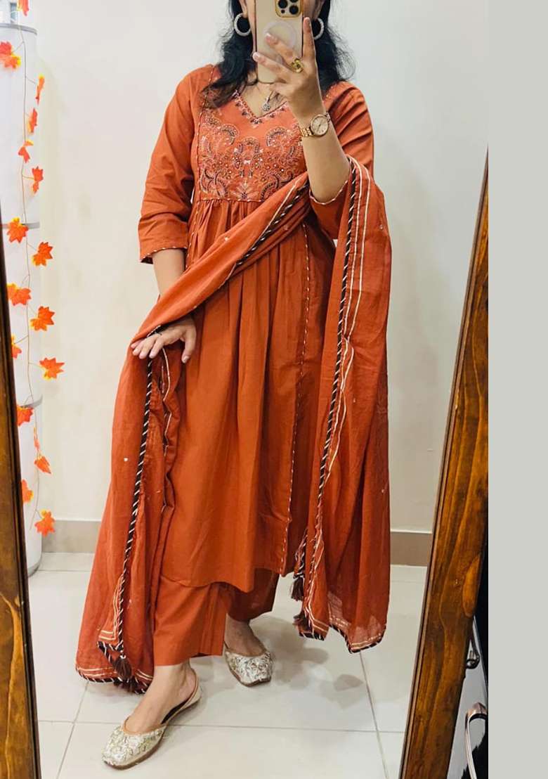 Orange Embroidery Cotton Kurta Set - Indya