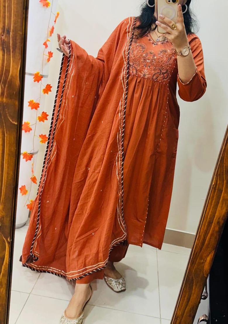 Orange Embroidery Cotton Kurta Set - Indya