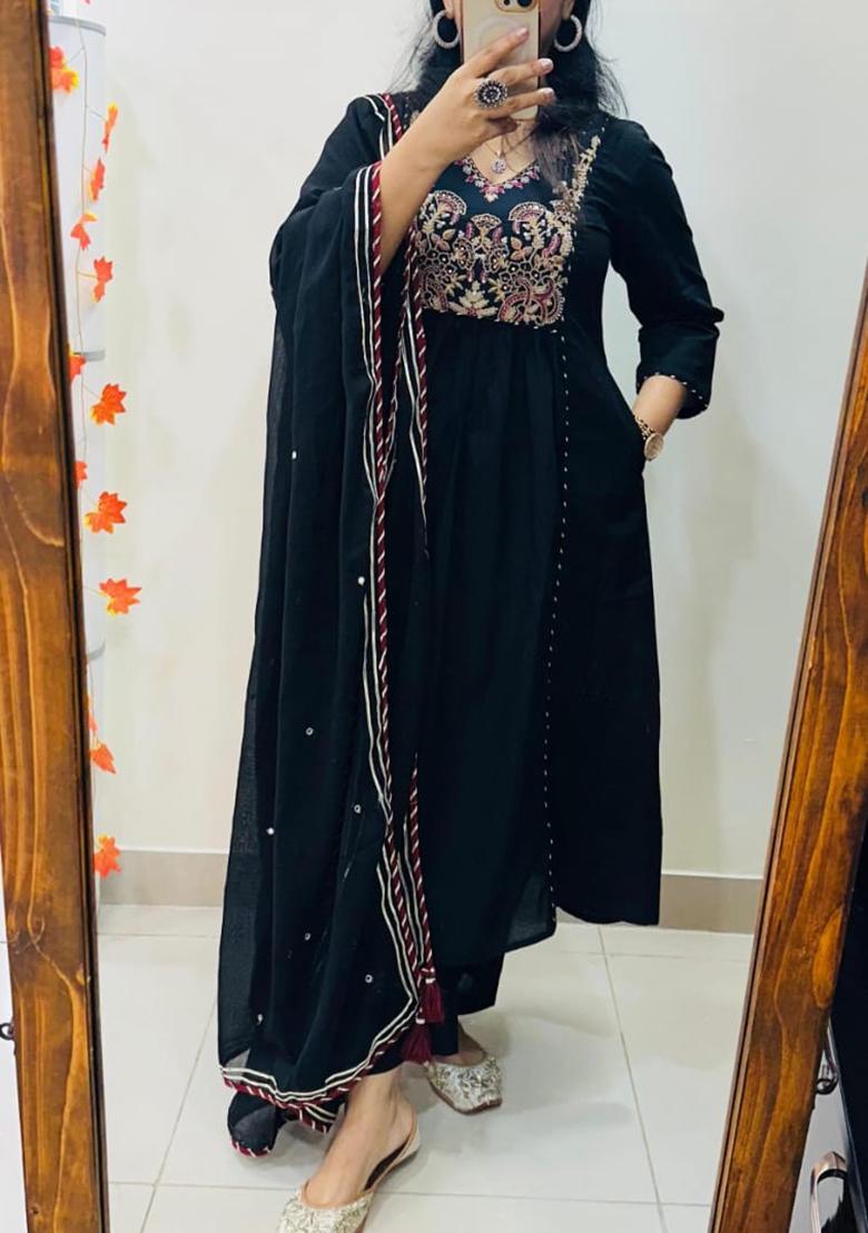 Black Embroidery Cotton Kurta Set - Indya
