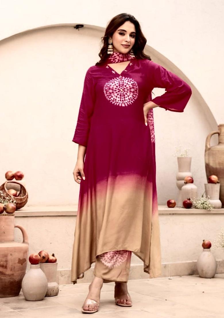 Maroon Embroidery Cotton Kurta Set - Indya