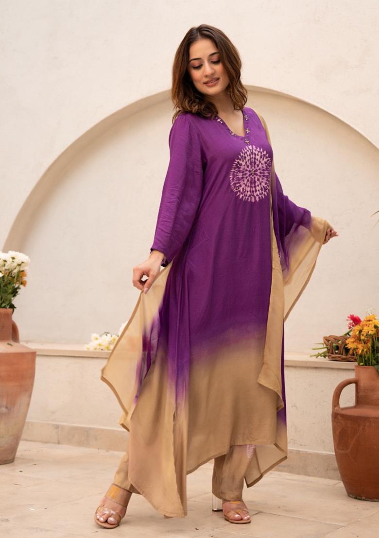 Purple Embroidery Cotton Kurta Set - Indya