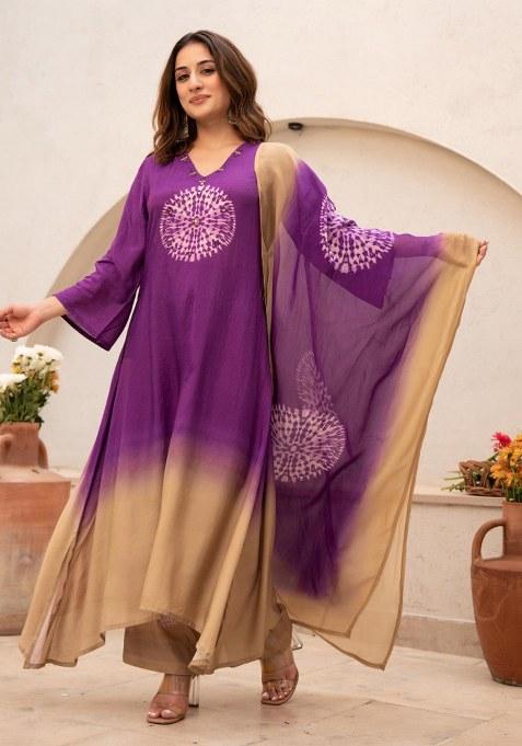 Purple Embroidery Cotton Kurta Set