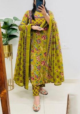 Green Printed Cotton Kurta Set
