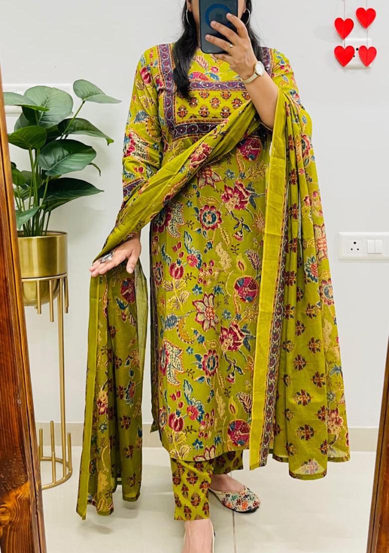 Green Printed Cotton Kurta Set - Indya