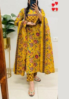 Dark Yellow Printed Cotton Kurta Set