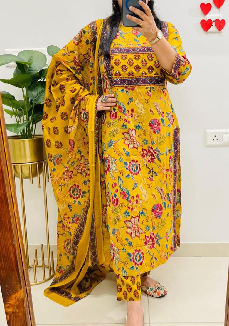 Dark Yellow Printed Cotton Kurta Set - Indya
