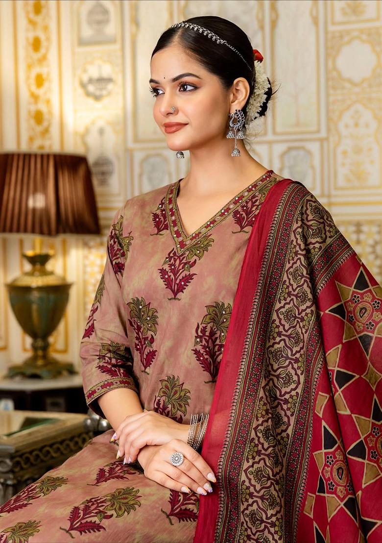 Maroon Embroidery Cotton Kurta Set - Indya