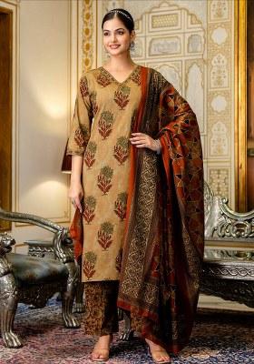 Dark Yellow Embroidery Cotton Kurta Set