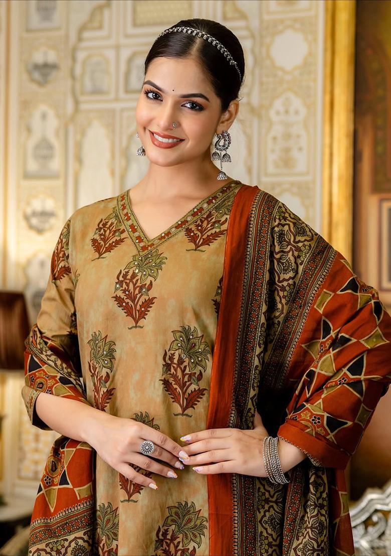 Dark Yellow Embroidery Cotton Kurta Set - Indya