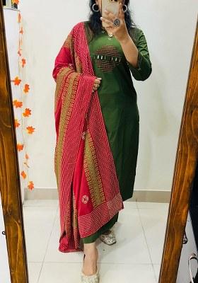 Green Embroidery Cotton Kurta Set
