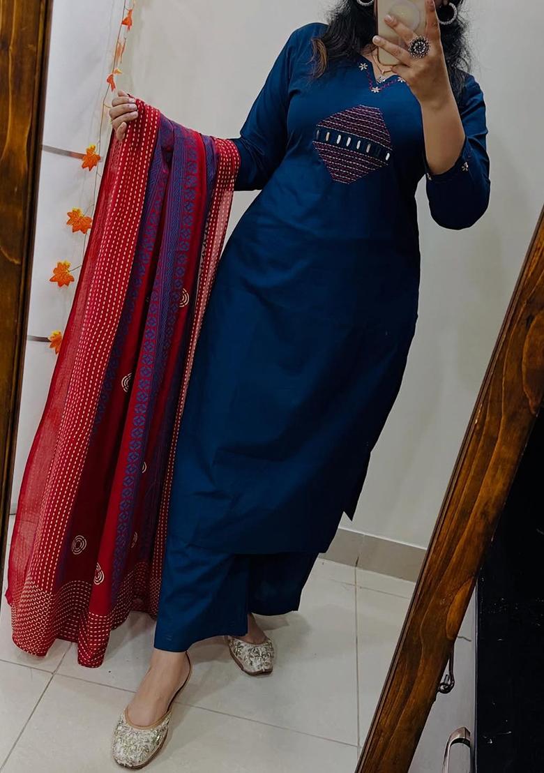 Blue Embroidery Cotton Kurta Set - Indya