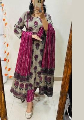 Grey Embroidery Cotton Kurta Set