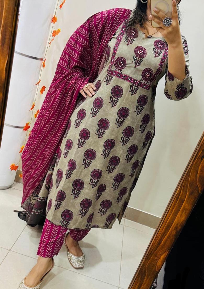 Grey Embroidery Cotton Kurta Set - Indya