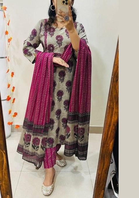 Grey Embroidery Cotton Kurta Set