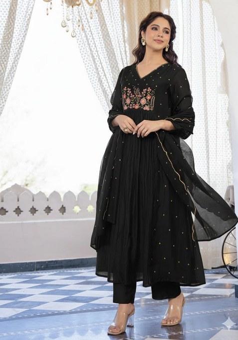 Black Embroidery Cotton Kurta Set