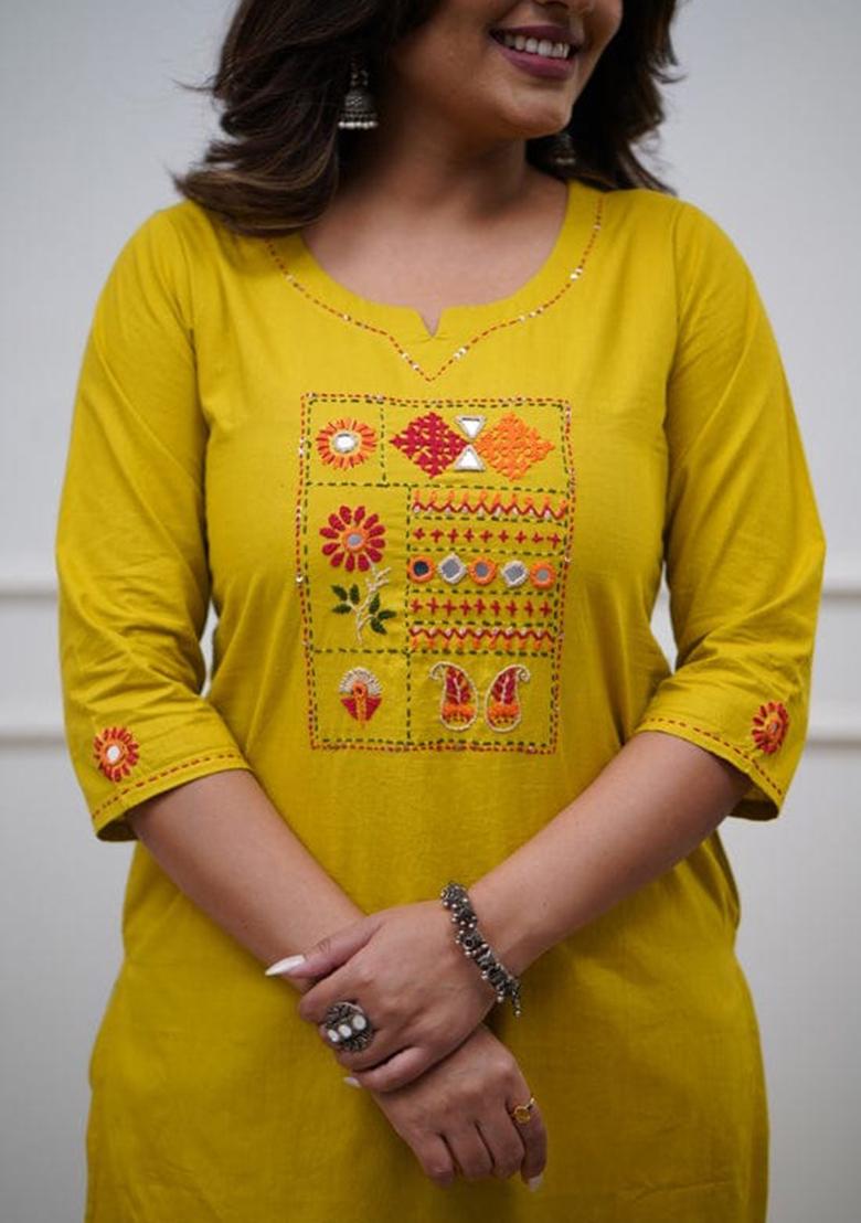 Light Yellow Embroidery Cotton Kurta Set - Indya