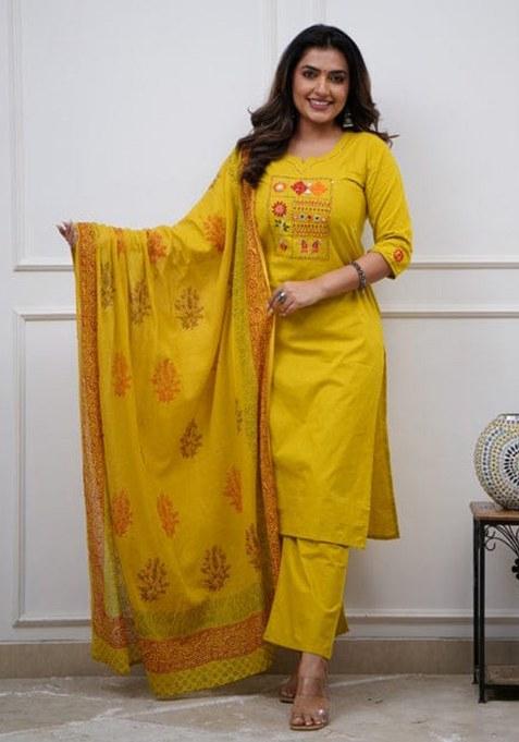 Light Yellow Embroidery Cotton Kurta Set