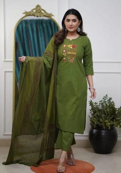 Green Embroidery Cotton Kurta Set