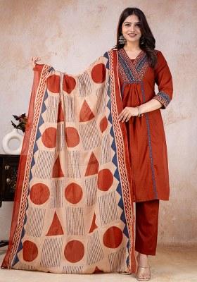 Red Printed Cotton Kurta Set