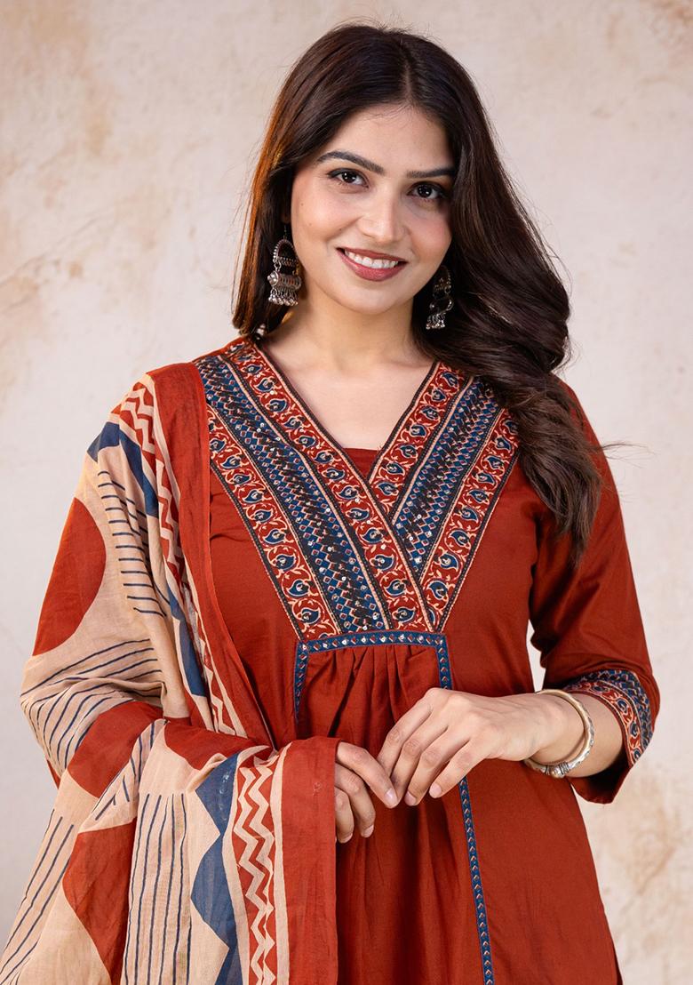 Red Printed Cotton Kurta Set - Indya