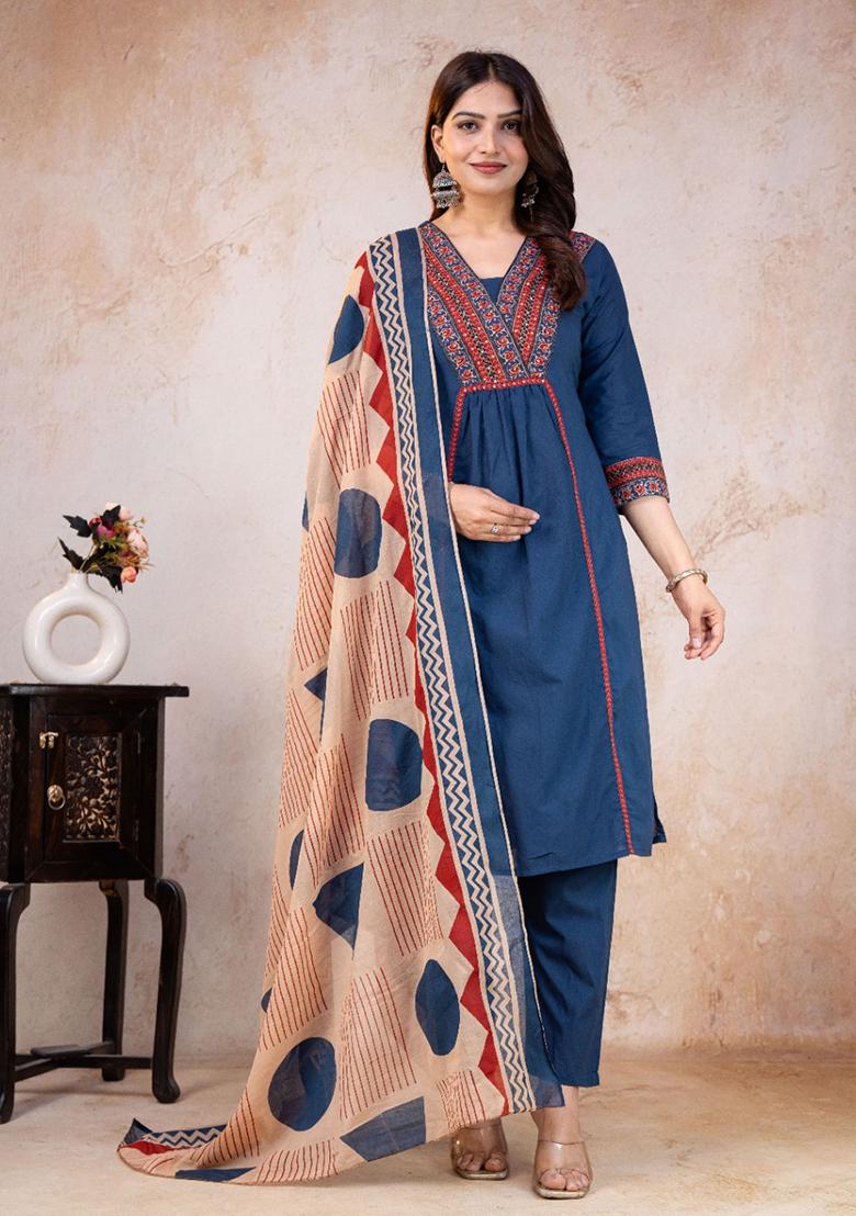 Blue Printed Cotton Kurta Set - Indya