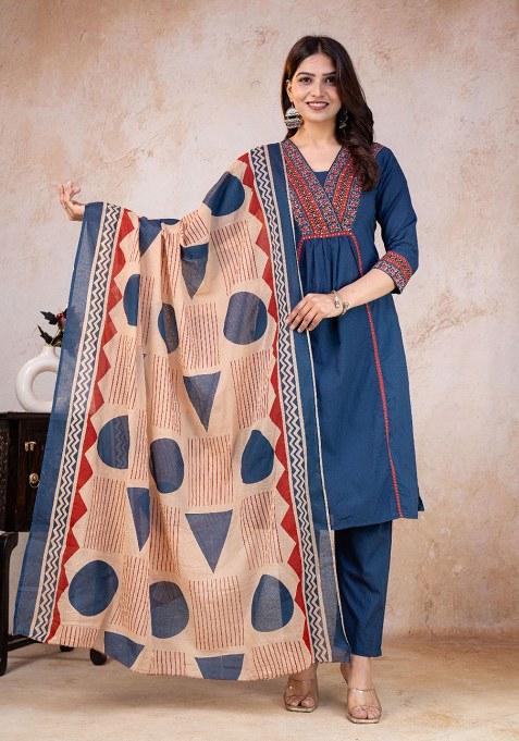 Blue Printed Cotton Kurta Set