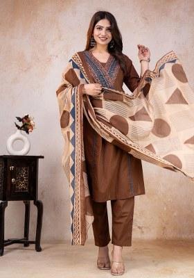Brown Printed Cotton Kurta Set
