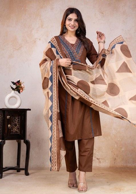 Brown Printed Cotton Kurta Set