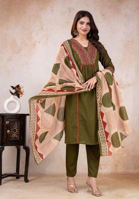 Green Printed Cotton Kurta Set