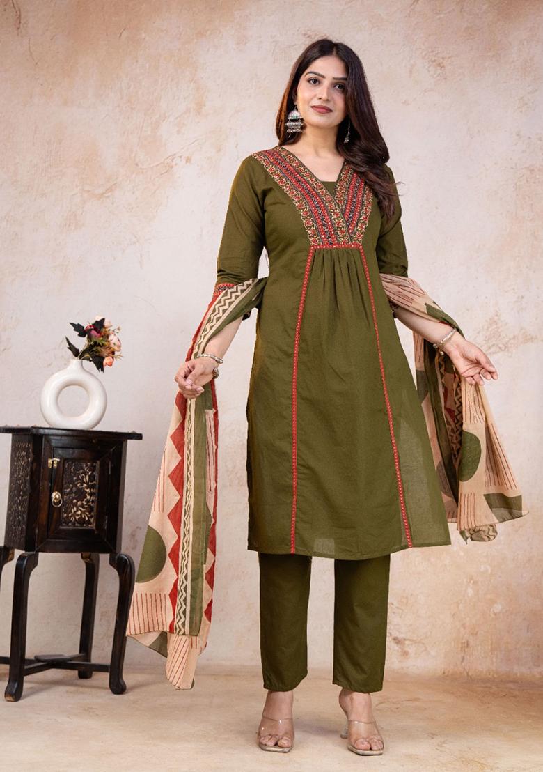 Green Printed Cotton Kurta Set - Indya