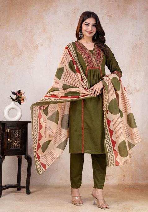 Green Printed Cotton Kurta Set