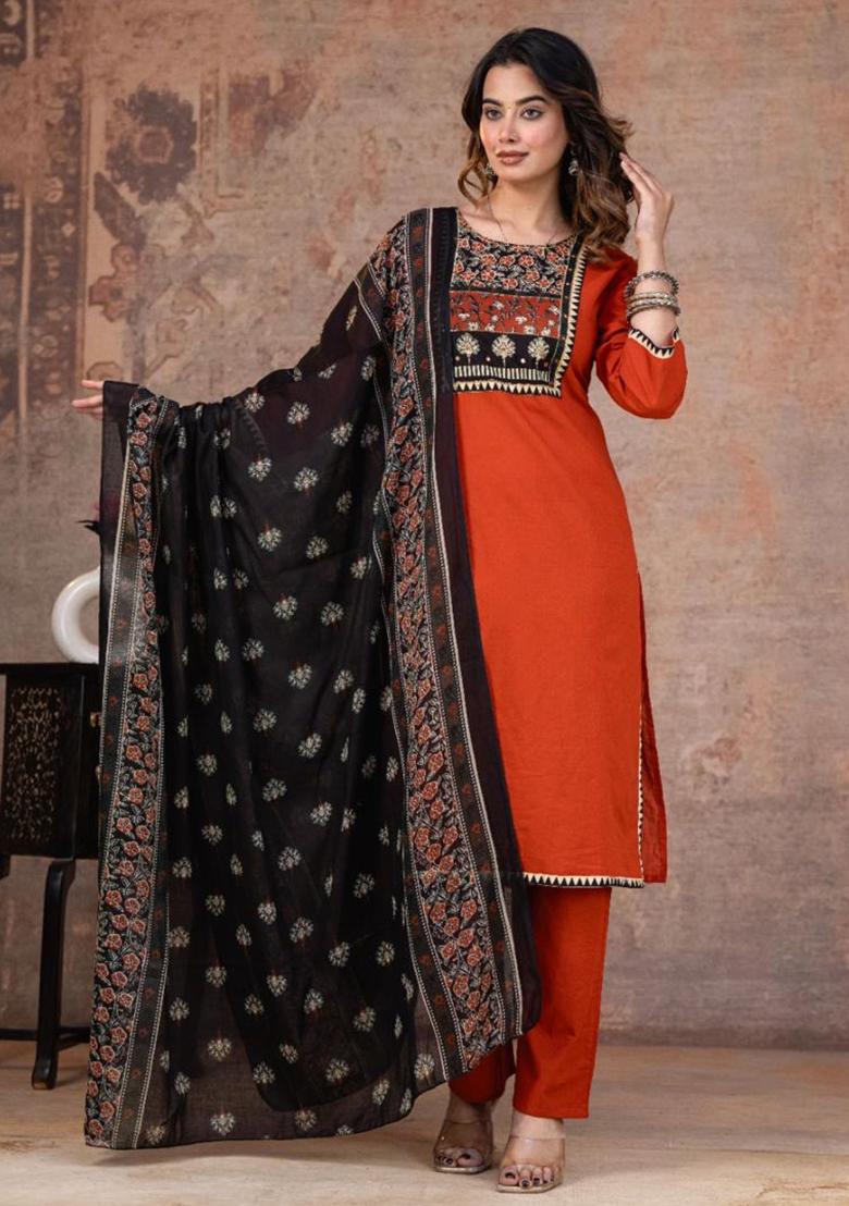 Orange Printed Cotton Kurta Set - Indya