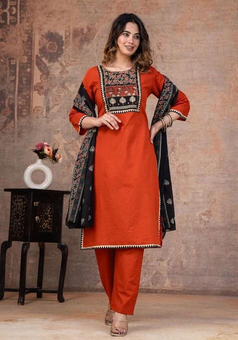 Orange Printed Cotton Kurta Set