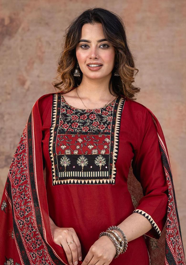 Red Printed Cotton Kurta Set - Indya