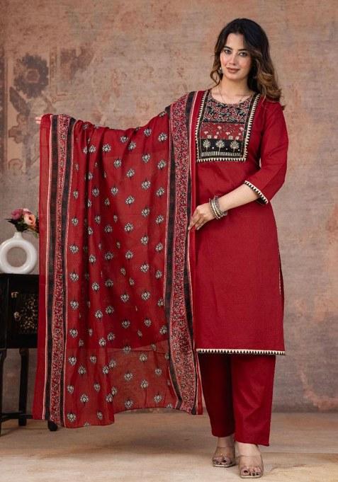 Red Printed Cotton Kurta Set