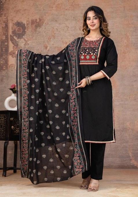 Black Printed Cotton Kurta Set