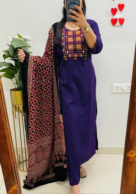 Blue Embroidery Cotton Kurta Set