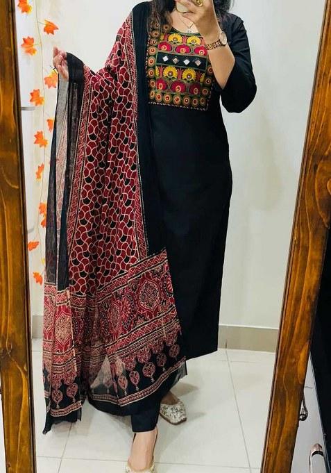 Black Embroidery Cotton Kurta Set