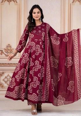 Wine Embroidery Cotton Kurta Set