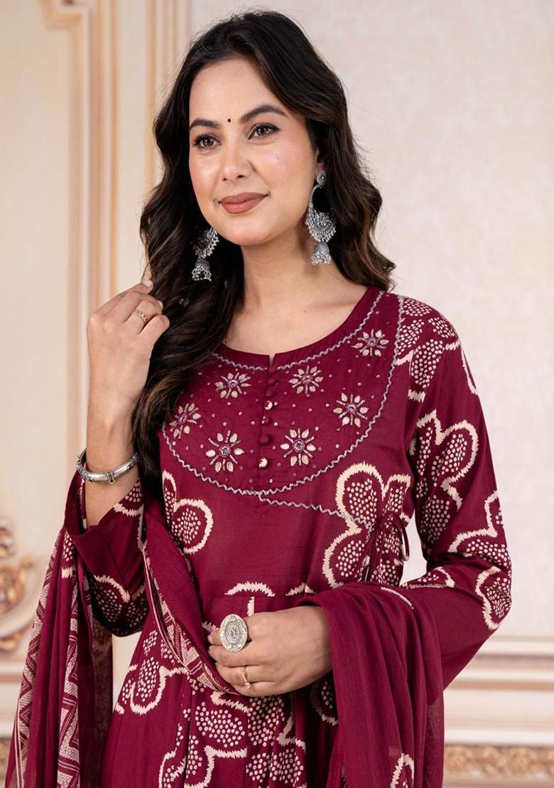 Wine Embroidery Cotton Kurta Set - Indya