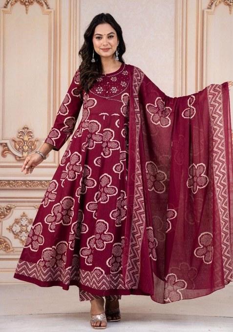 Wine Embroidery Cotton Kurta Set