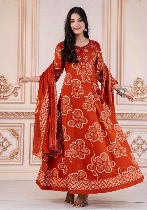 Orange Embroidery Cotton Kurta Set
