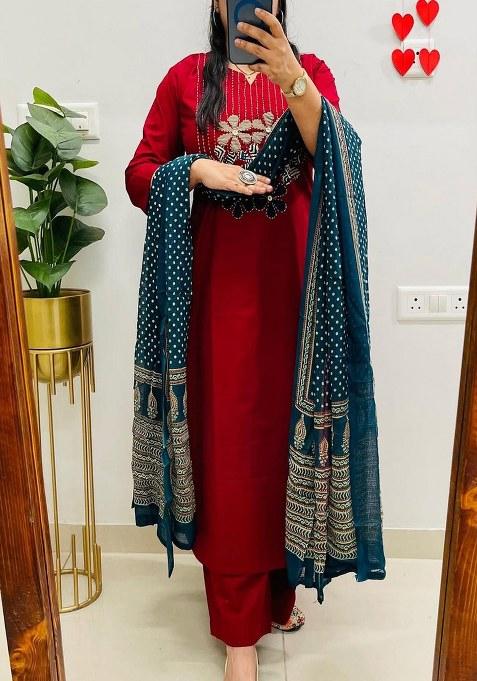 Red Embroidery Cotton Kurta Set
