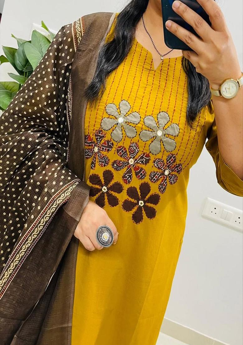 Yellow Embroidery Cotton Kurta Set - Indya